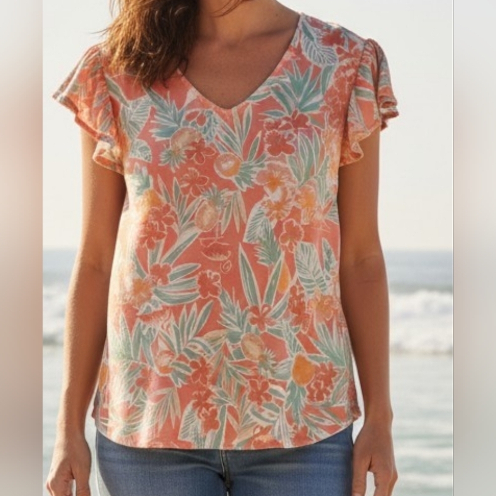 Casey Key - NWOT, Multi Colored Floral Blouse, Flutter Sleeves, V-Neck, Stretch,